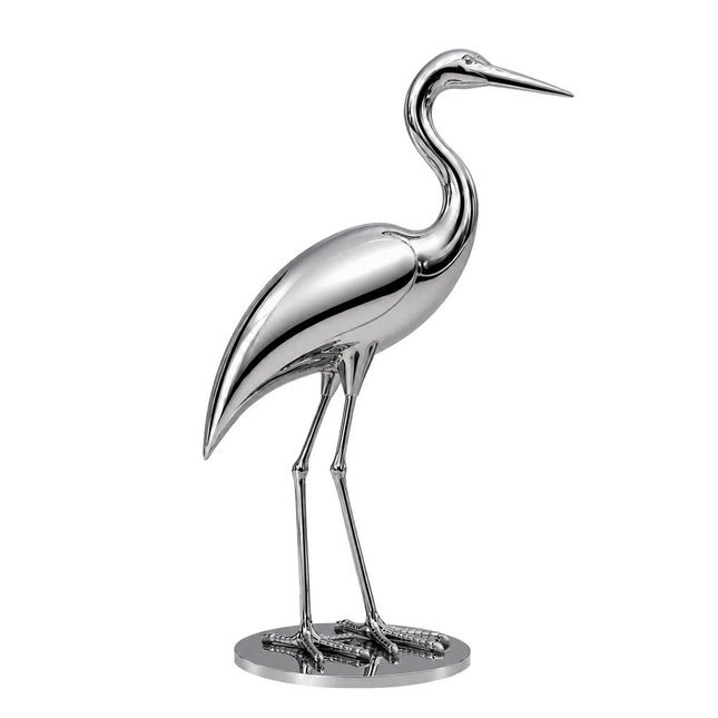 Mirror polished stainless steel heron sculpture with elegant bird form