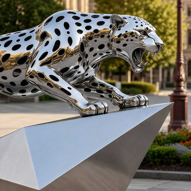 Detailed mirror polished stainless steel leopard head sculpture with refined contours
