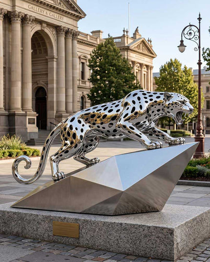 Large stainless steel leopard sculpture displayed in a landscaped public environment