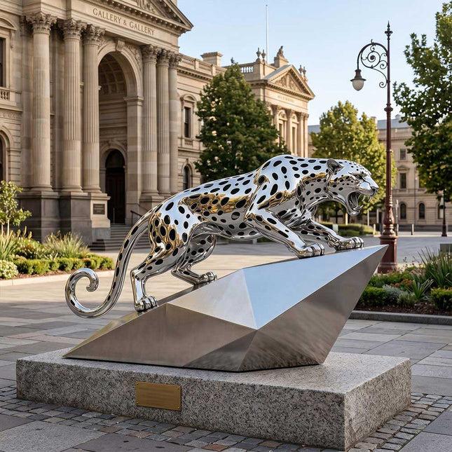 Large stainless steel leopard sculpture displayed in a landscaped public environment