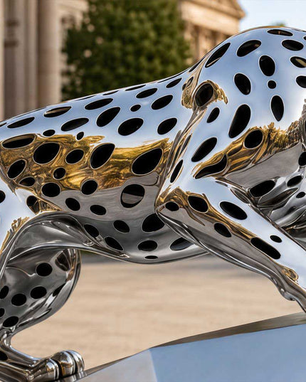 Mirror polished surface details of a contemporary stainless steel animal sculpture