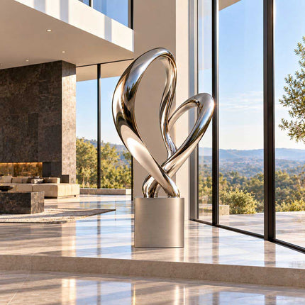 Stainless steel sculpture with flowing loop forms displayed beside floor-to-ceiling windows in a modern residence