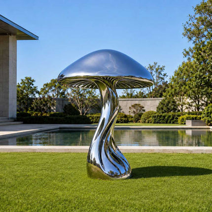 Mirror polished mushroom sculpture displayed on a lawn beside a swimming pool in a modern private garden
