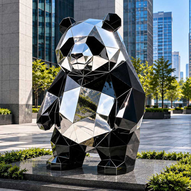 Stainless steel panda sculpture with geometric facets displayed in a modern urban plaza