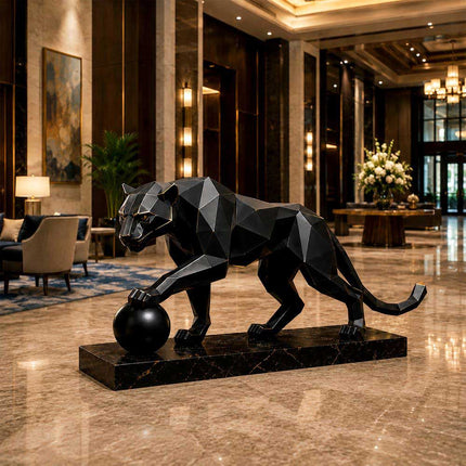 Stainless steel panther sculpture with geometric design in luxury interior space