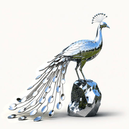 Mirror polished stainless steel peacock sculpture with a long trailing tail and faceted rock-shaped base on a white background