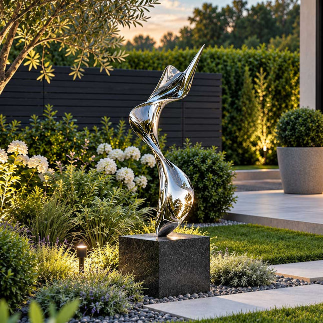 Mirror polished stainless steel ribbon sculpture on a dark stone pedestal in a landscaped private garden