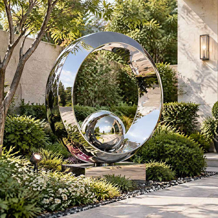 Stainless steel ring and sphere sculpture displayed in a landscaped modern residential garden.