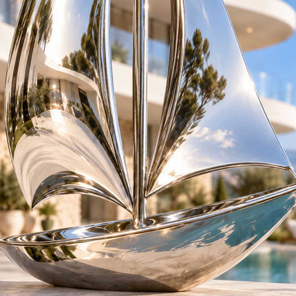 Close-up of the polished stainless steel hull, mast, and curved sails of a sailboat sculpture