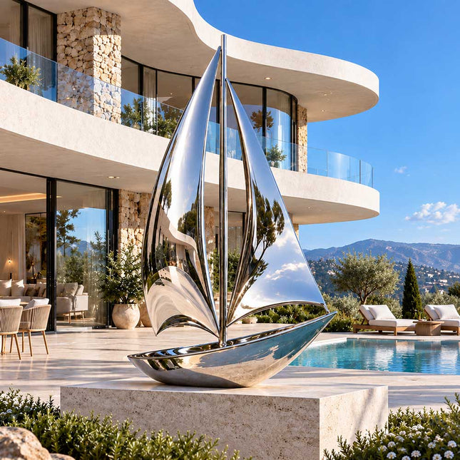Stainless steel sailboat sculpture displayed beside a pool at a modern coastal residence