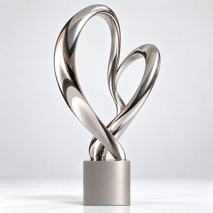 Mirror-polished stainless steel sculpture with two interlocking asymmetric loop forms