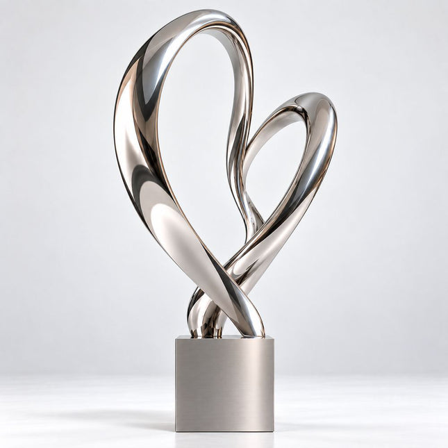 Mirror-polished stainless steel sculpture with two interlocking asymmetric loop forms
