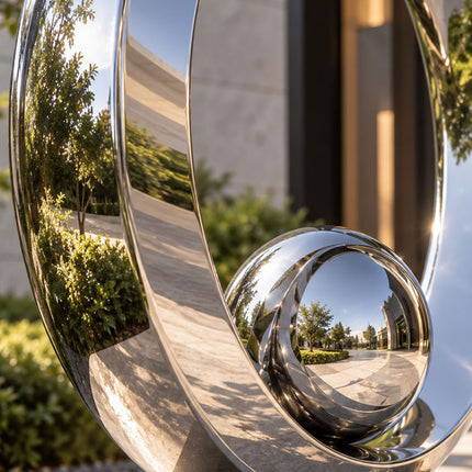 Close-up of the reflective stainless steel sphere positioned inside the lower curve of the sculpture.
