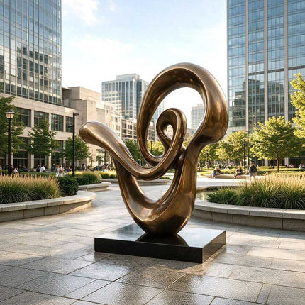 Abstract bronze-tone stainless steel spiral sculpture displayed in a contemporary urban plaza surrounded by office buildings.