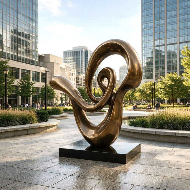 Abstract bronze-tone stainless steel spiral sculpture displayed in a contemporary urban plaza surrounded by office buildings.