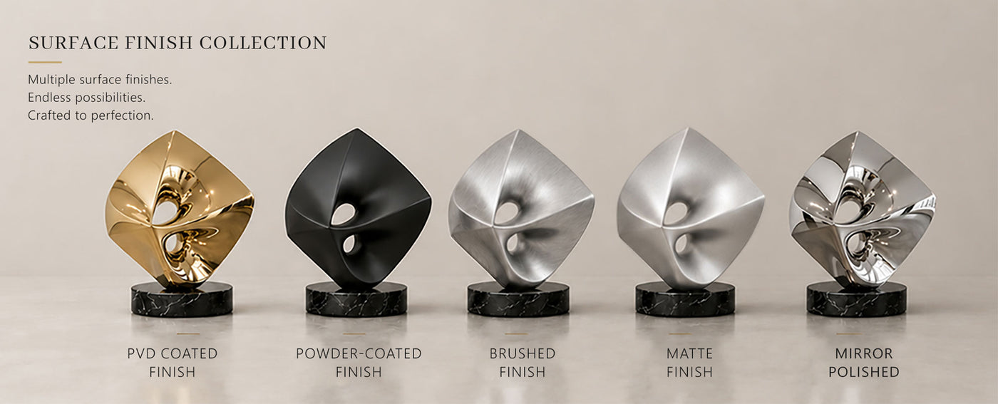 Stainless steel sculpture available in mirror polished, brushed, matte, powder-coated, and gold PVD coated finishes.