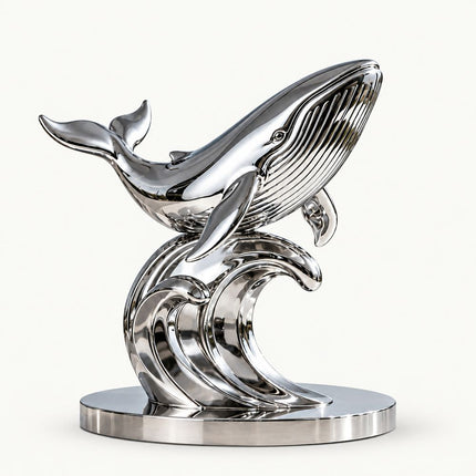 Mirror-polished stainless steel whale sculpture with a breaching humpback whale above flowing waves