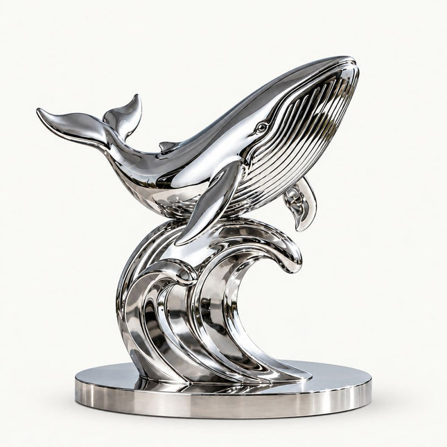 Mirror-polished stainless steel whale sculpture with a breaching humpback whale above flowing waves