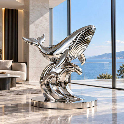 Mirror-polished whale sculpture displayed in a modern waterfront interior
