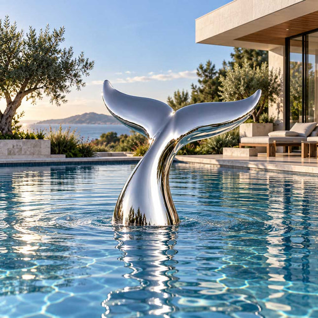 Mirror polished stainless steel whale tail sculpture rising from the water in a private swimming pool