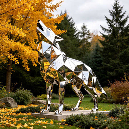 Stainless steel wolf sculpture with geometric faceted design in an outdoor landscape