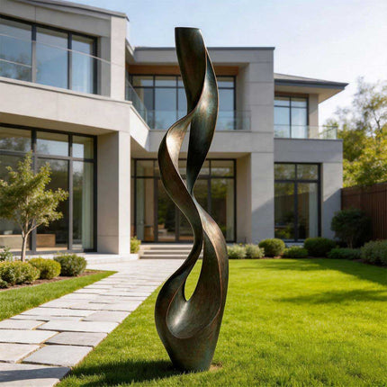 Tall abstract bronze sculpture with a twisting ribbon form in a modern backyard