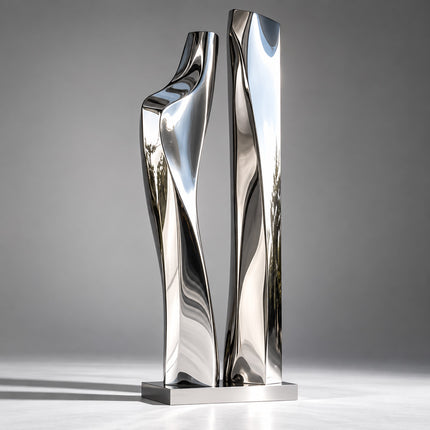 Twin form abstract stainless steel sculpture with a mirror polished finish