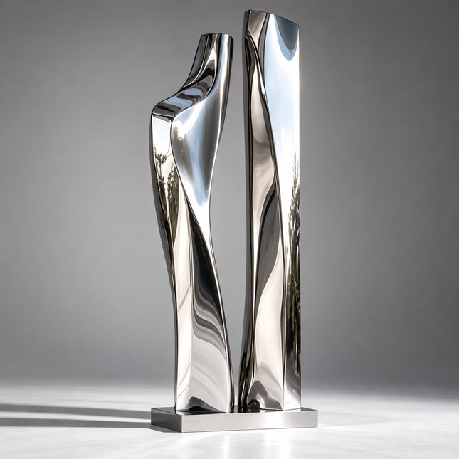 Twin form abstract stainless steel sculpture with a mirror polished finish