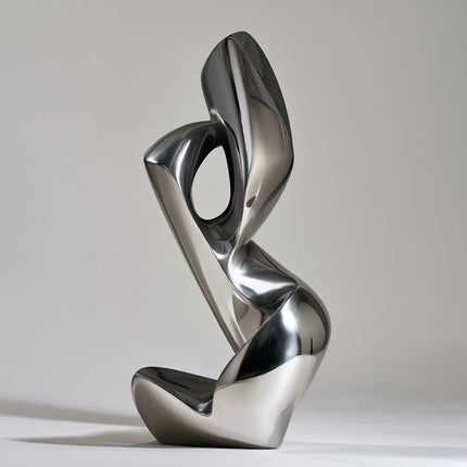 Twisting abstract stainless steel sculpture with rounded forms and oval negative space