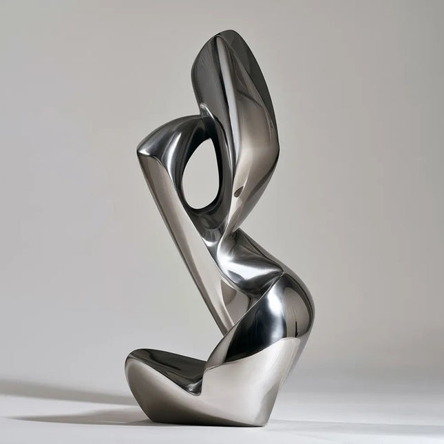 Twisting abstract stainless steel sculpture with rounded forms and oval negative space