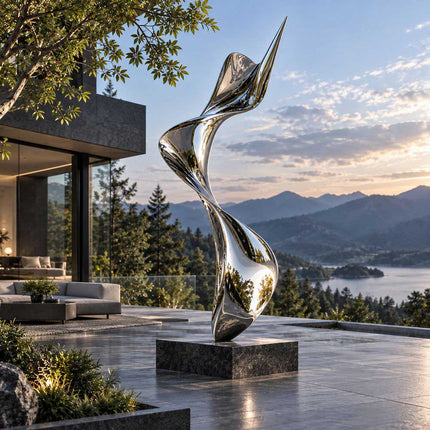 Twisting ribbon stainless steel sculpture displayed on a stone pedestal on a private terrace overlooking mountains and water