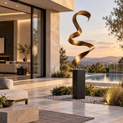 Twisting ribbon stainless steel sculpture with an open spiral form in a modern outdoor setting
