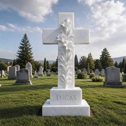 Front view of an upright lily cross headstone with a personalized inscription block