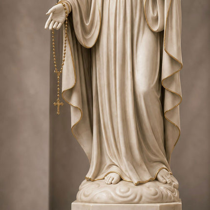 Close-up view of marble Virgin Mary sculpture showing carved robes and refined craftsmanship