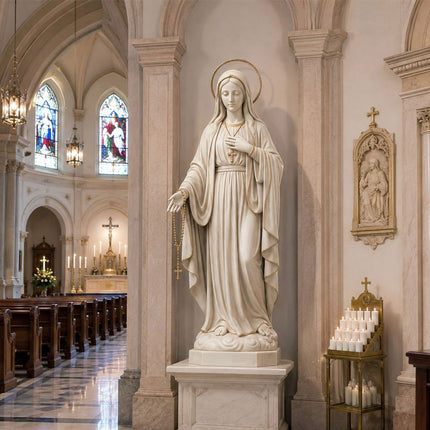 White marble Virgin Mary sculpture displayed inside a traditional church interior