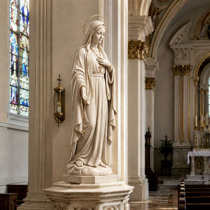 Marble Virgin Mary statue placed in a chapel setting with architectural details