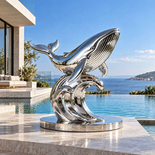 Stainless steel whale sculpture with flowing waves displayed beside a luxury residential pool