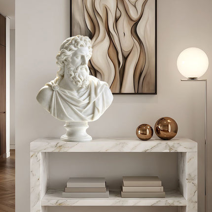 White marble bust sculpture placed in a bright interior space with natural light