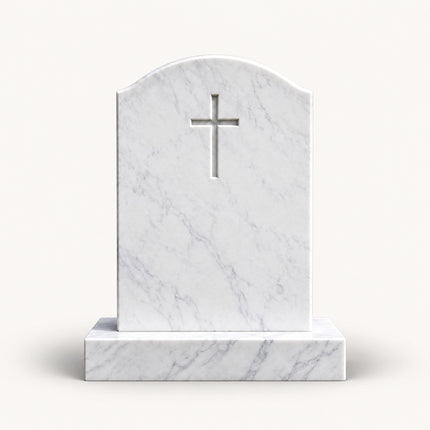 White marble upright headstone with a curved top, recessed cross, and matching rectangular base on a white background