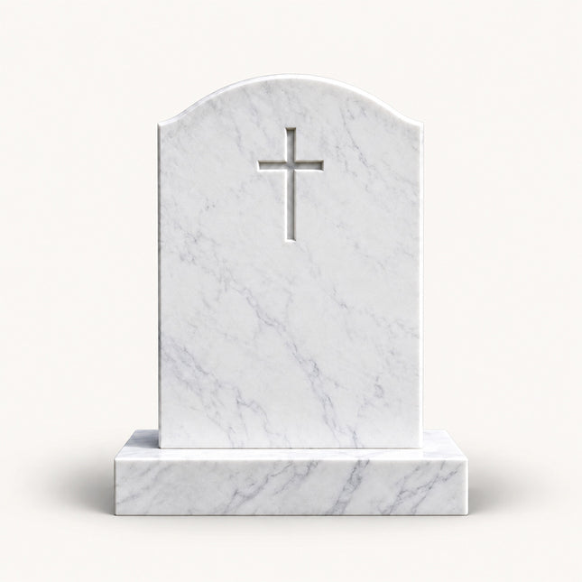 White marble upright headstone with a curved top, recessed cross, and matching rectangular base on a white background