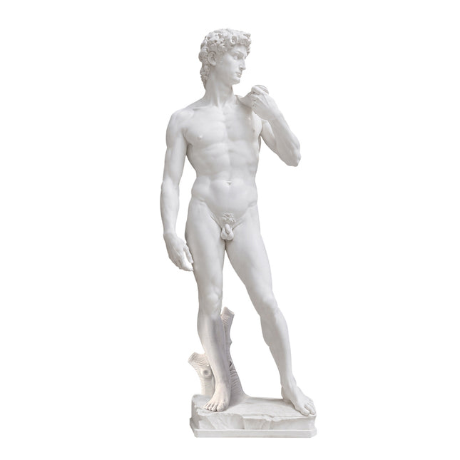 White marble Michelangelo David statue replica with a turned head and integrated rectangular base on a white background