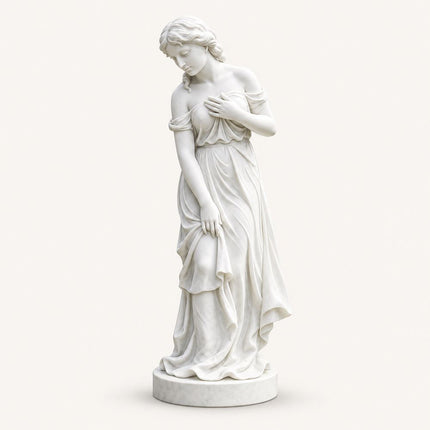 White marble female statue with a lowered head and gathered drapery on a round base