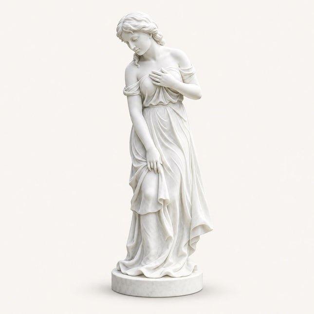 White marble female statue with a lowered head and gathered drapery on a round base