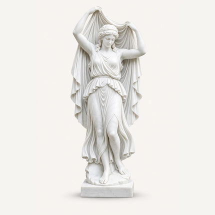 White marble female statue holding raised drapery above a classical standing figure