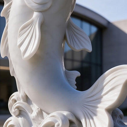 Close-up of the smooth white marble fish body, carved fins, and flowing tail details.