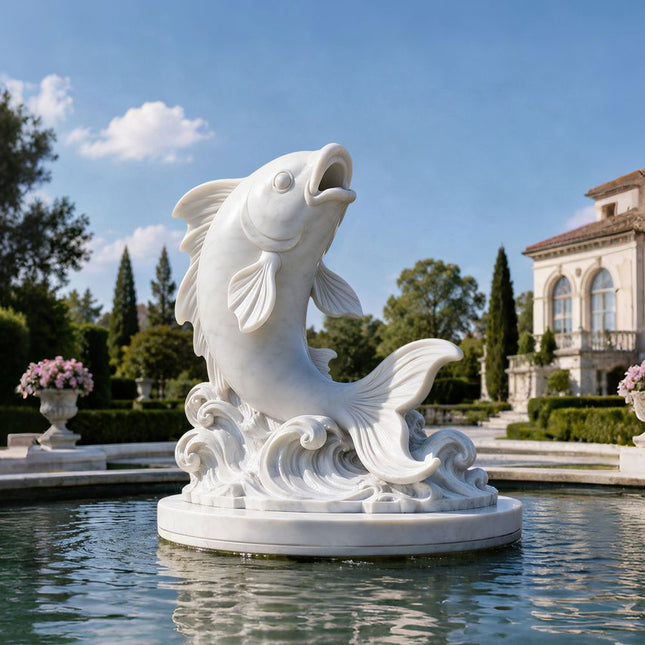 White marble leaping fish sculpture displayed in a garden reflecting pool beside a classical estate.