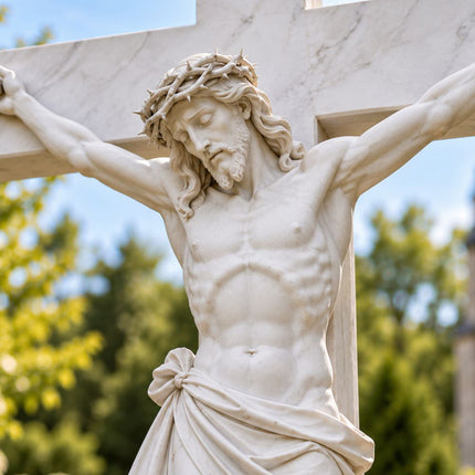 Close-up of the carved Jesus figure and crown of thorns on a white marble crucifix