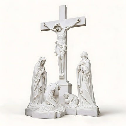 White marble Jesus Crucifixion statue with multiple figures gathered around the cross