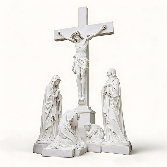 White marble Jesus Crucifixion statue with multiple figures gathered around the cross