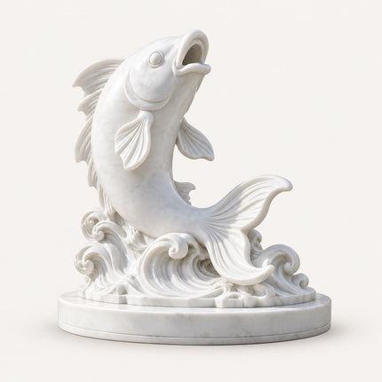 White marble leaping fish sculpture with an open mouth, detailed fins, curling waves, and a round base.